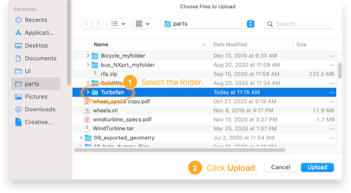A folder is selected as step 1, followed by clicking the Upload button for step 2.